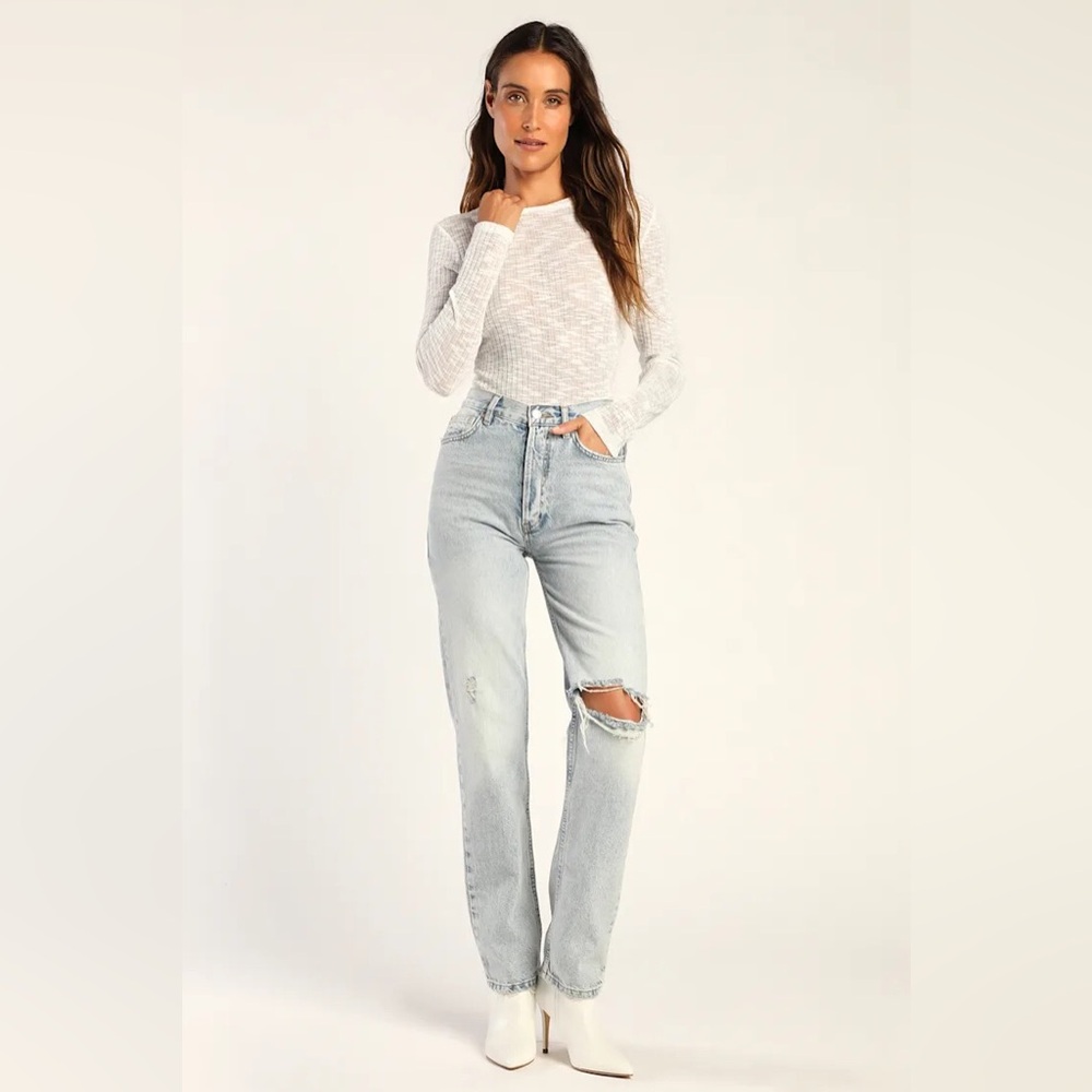 Free People Aura White Ribbed Knit Long Sleeve Layering Top